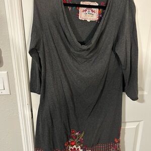 Johnny Was Charcoal Gray Tunic with Red & Pink Floral Embroidery